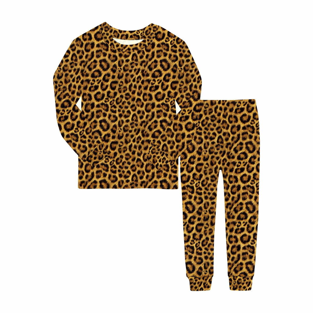 Kids' tan leopard print long sleeve bamboo rib knit pajama set – view 2
