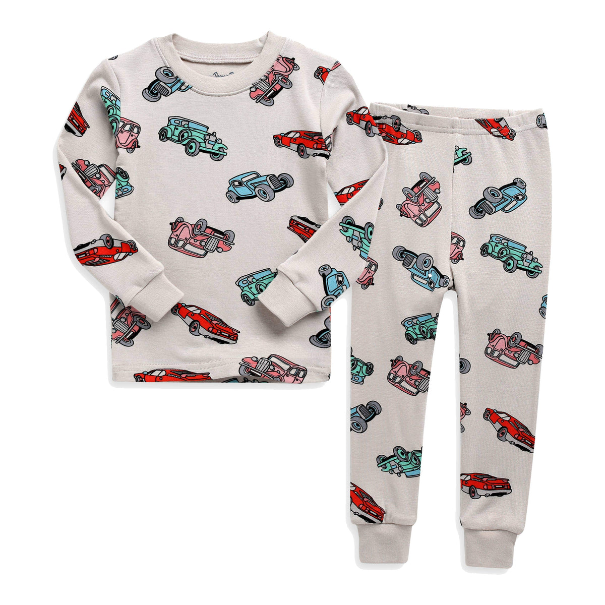 Kids' grey retro car print long sleeve modal pajama set – view 2
