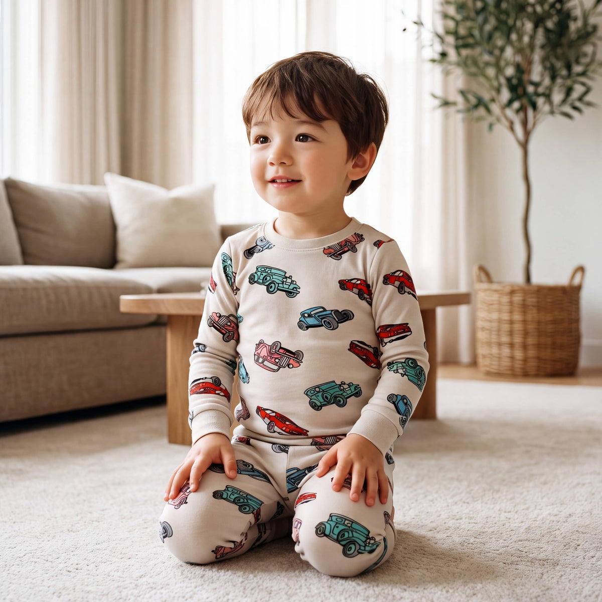 Kids' grey retro car print long sleeve modal pajama set – view 4