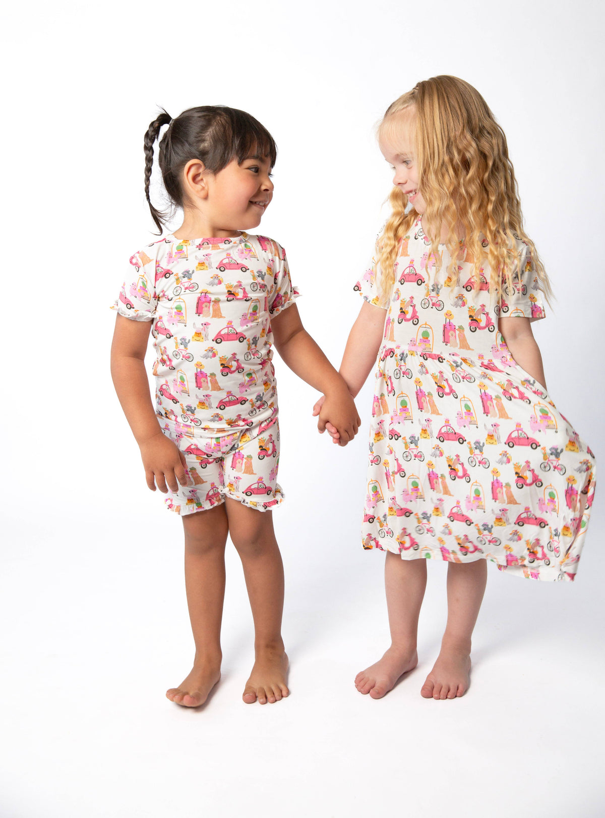 Toddler girls' travel dogs print ruffle short sleeve bamboo pajama set – view 3