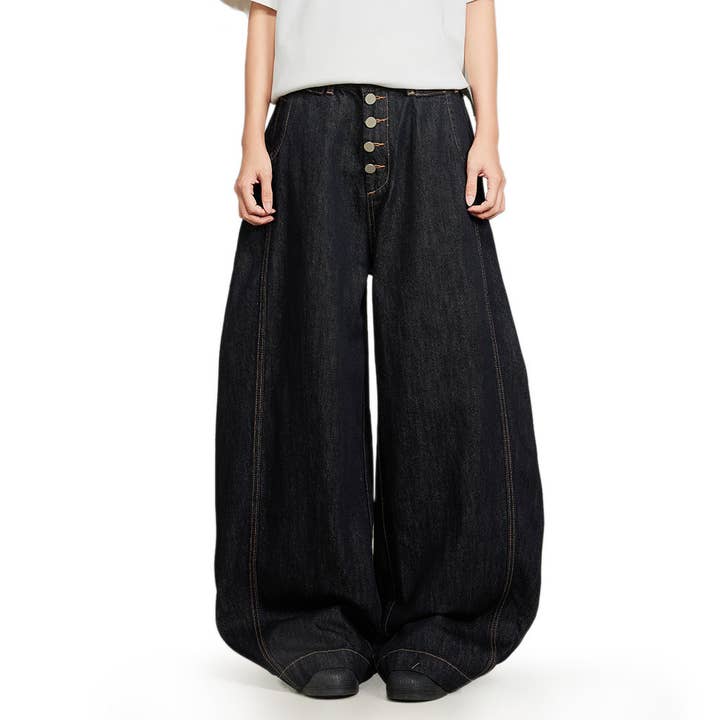 Men's Black American Street-Style Baggy Denim Jeans - front view