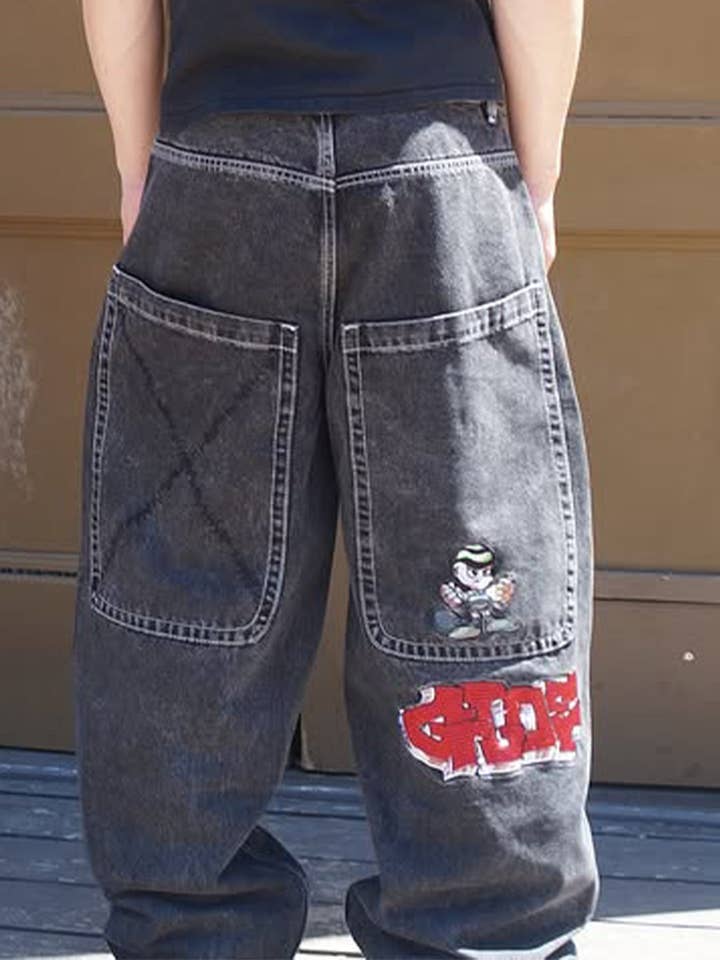 Men's Black Embroidered Straight-Leg Streetwear Jeans - view 3