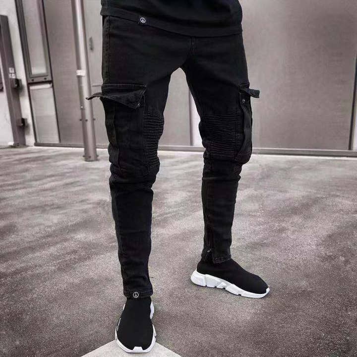 Men's Black Slim-Fit Ripped Zipper Detail Jeans - front view