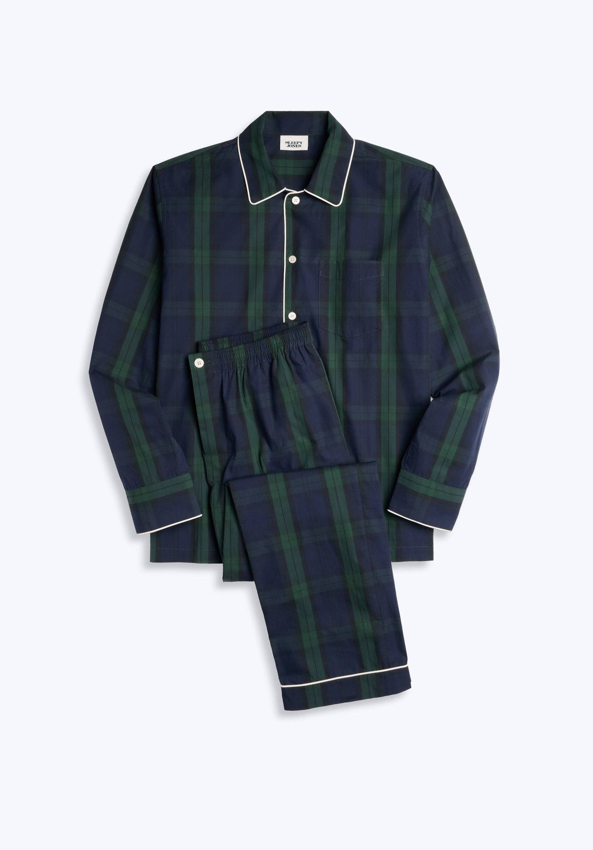 Men's Blackwatch Plaid Cotton Button-Up Pajama Set in blackwatch plaid – front view
