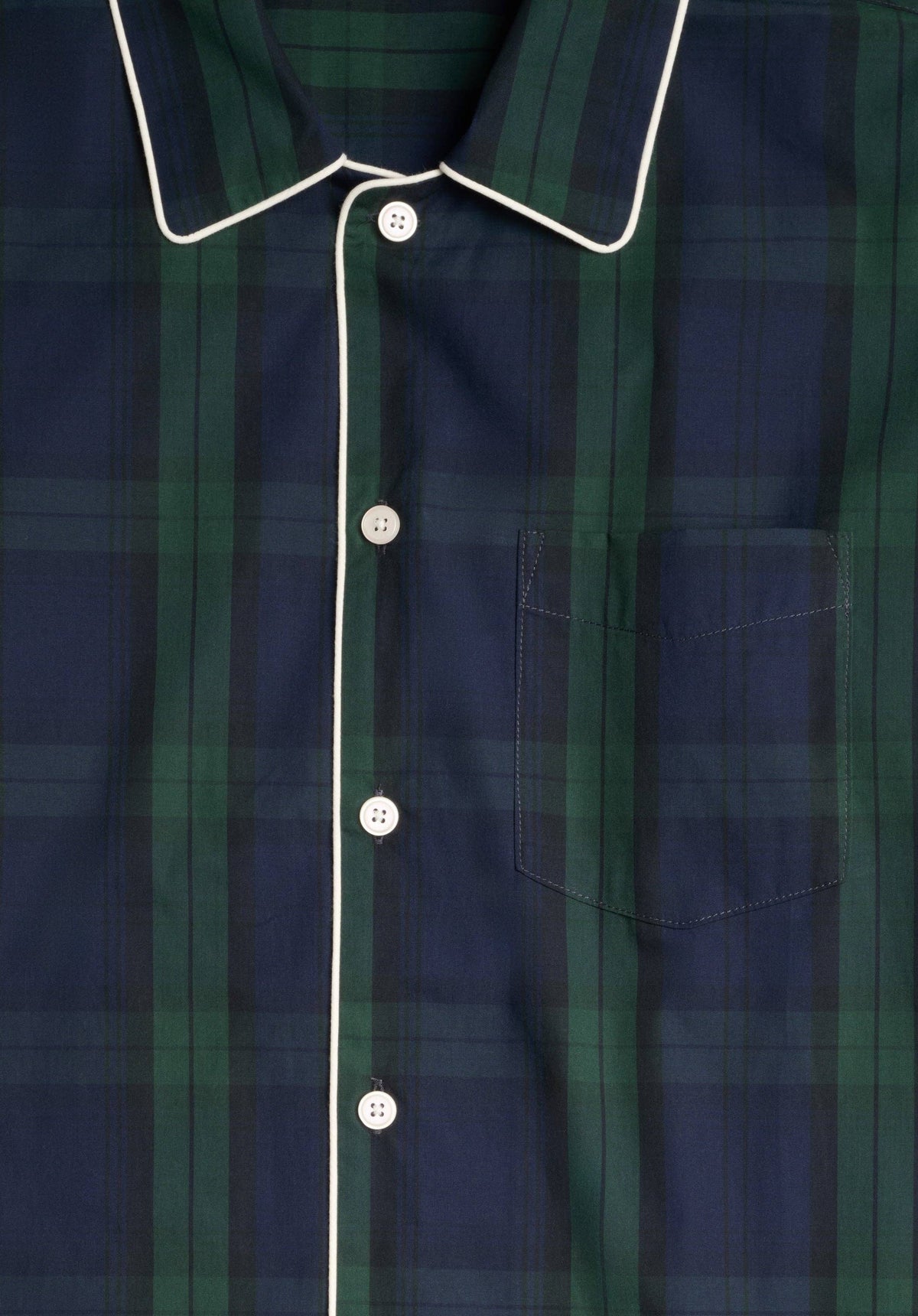 Men's Blackwatch Plaid Cotton Button-Up Pajama Set in blackwatch plaid – styled view