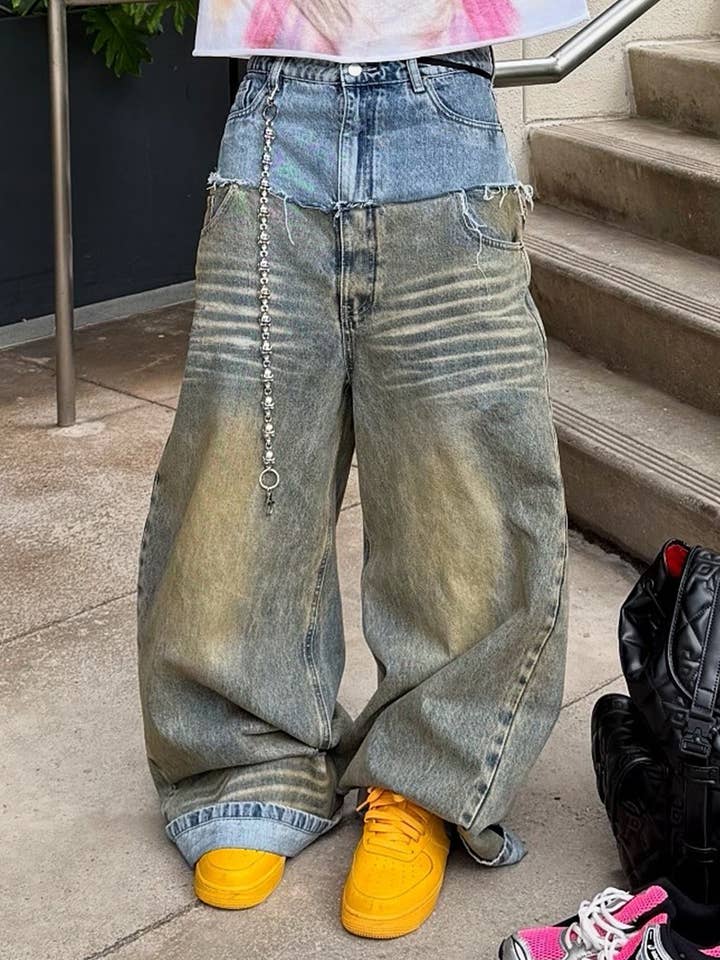 Men's Blue Vintage-Wash Wide-Leg Denim Jeans - view 2