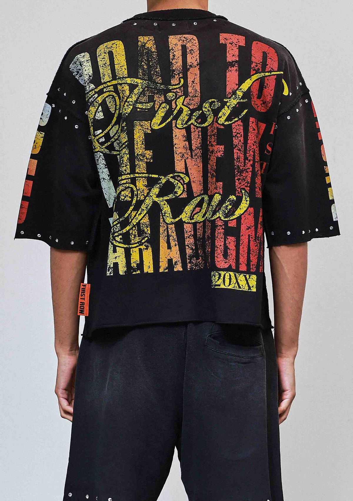 Men's black rhinestone 3/4 sleeve cropped terry tee