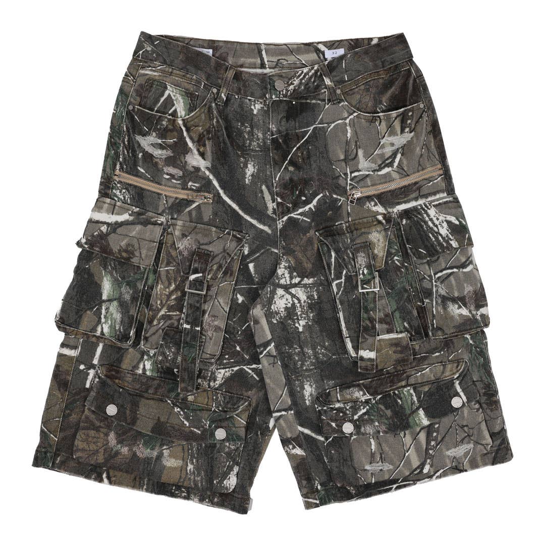 Men's washed denim cargo jorts with camo print