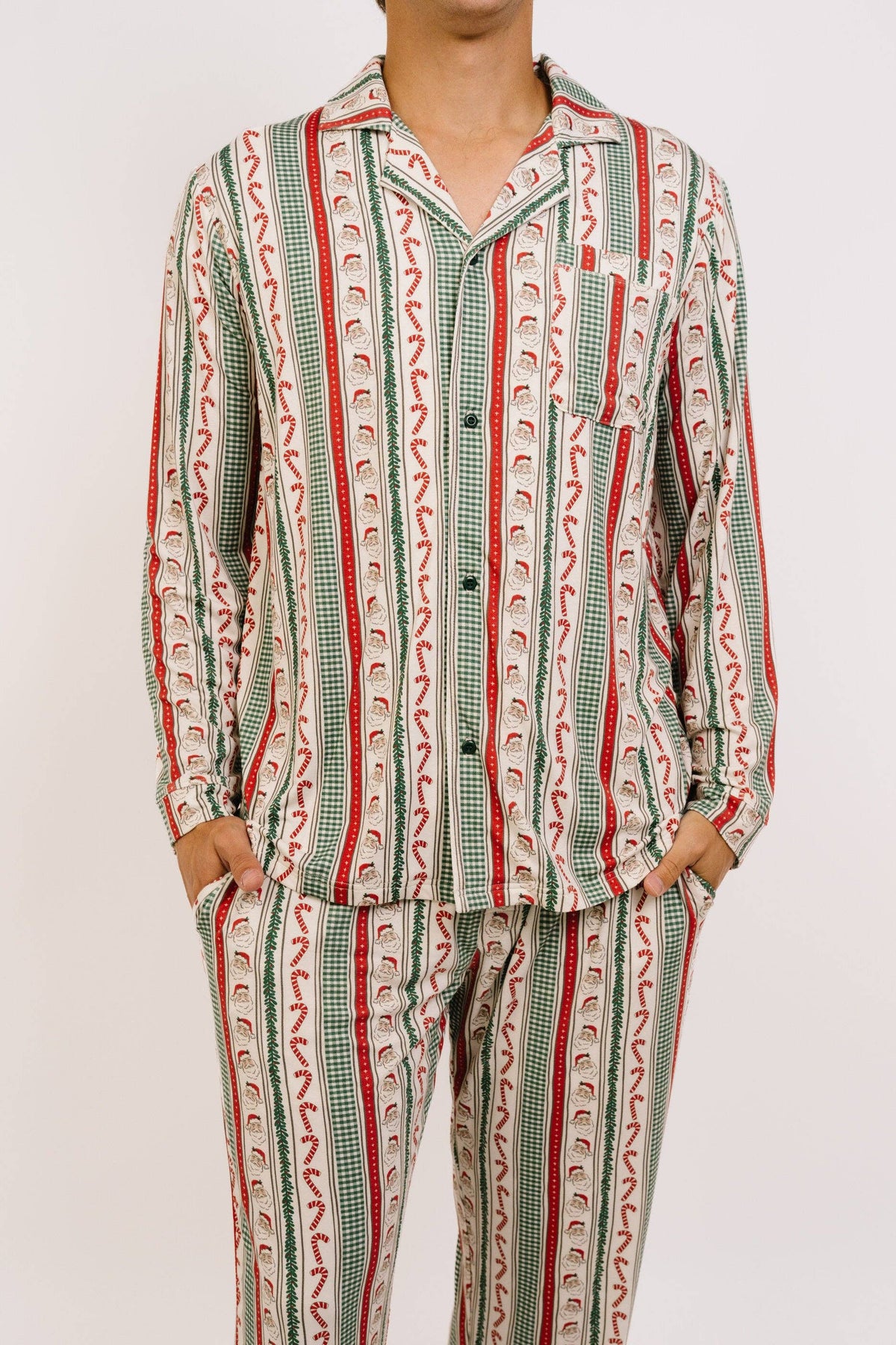 Men's Christmas Cheer Bamboo Button-Up Pajama Set in christmas cheer print – detail view