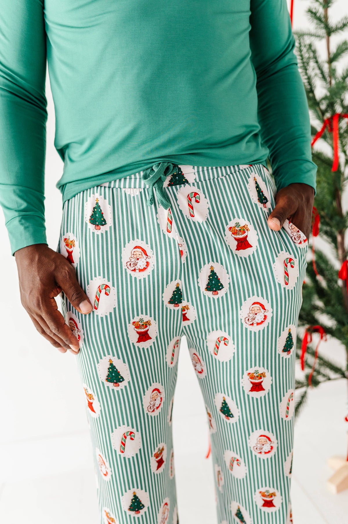 Men's Christmas Stripe Bamboo Lounge Pants in christmas stripe – detail view