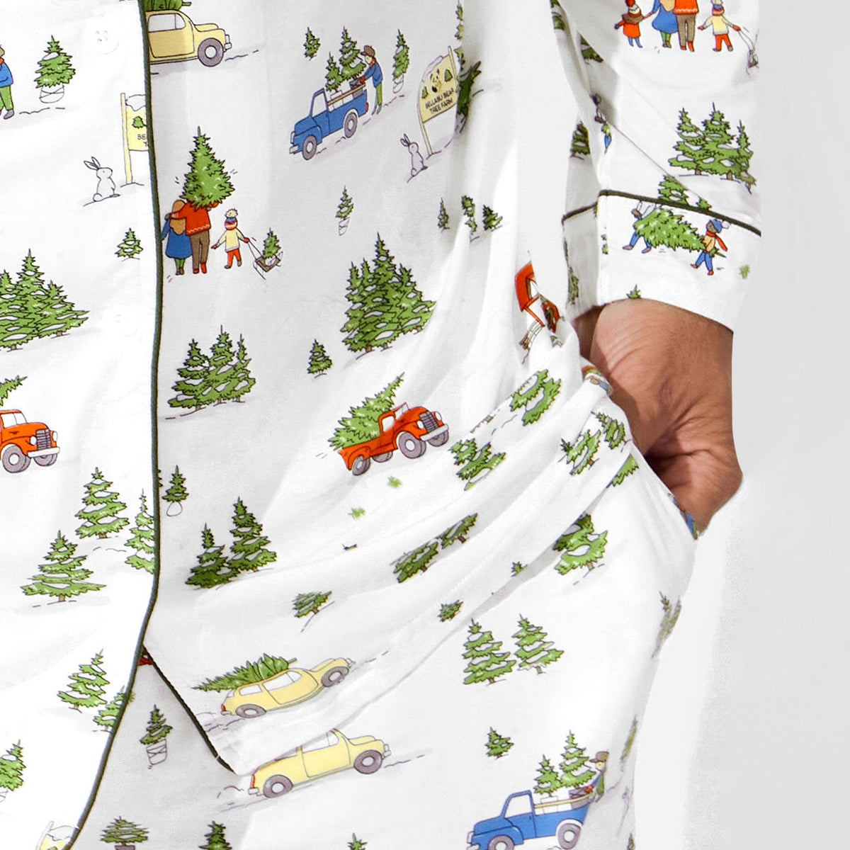 Men's Christmas Tree Farm Bamboo Pajama Set in evergreen print – detail view