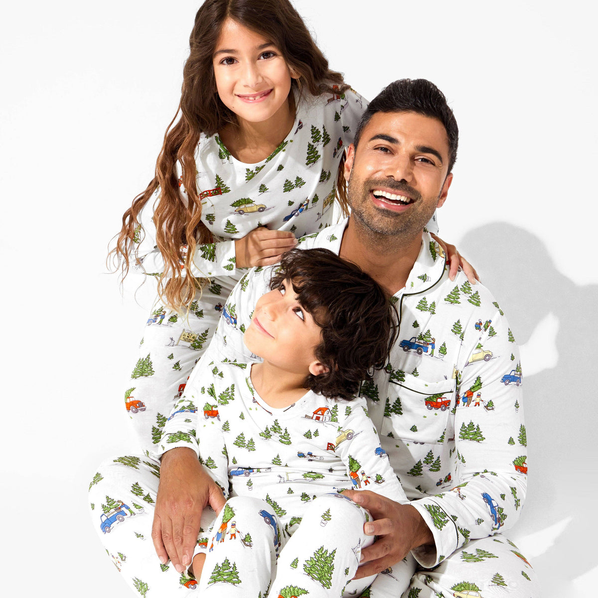 Men's Christmas Tree Farm Bamboo Pajama Set in evergreen print – styled view
