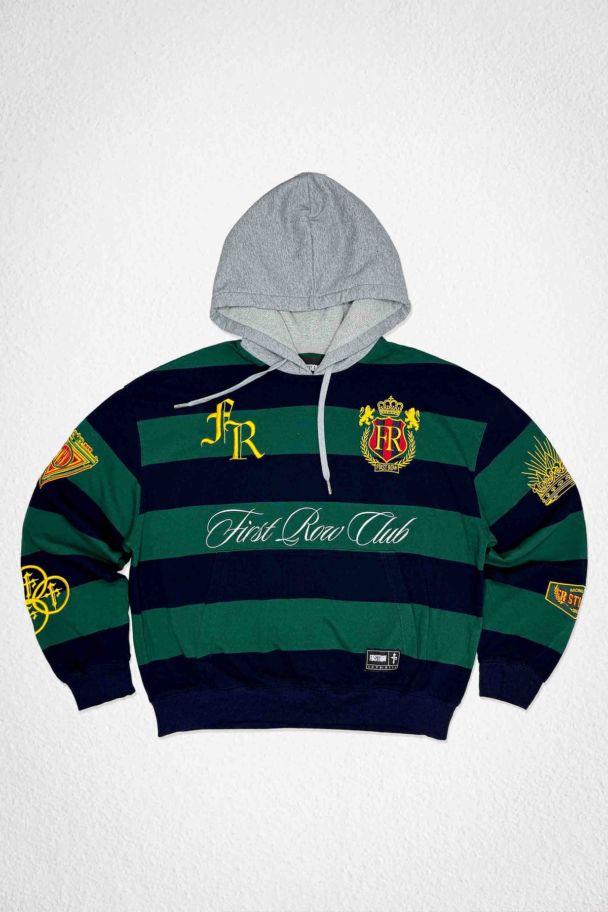 Men's hunter green pullover hoodie with club script applique and patch details