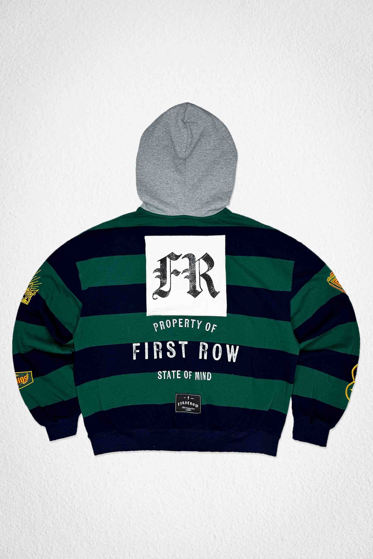 Men's hunter green pullover hoodie with club script applique and patch details