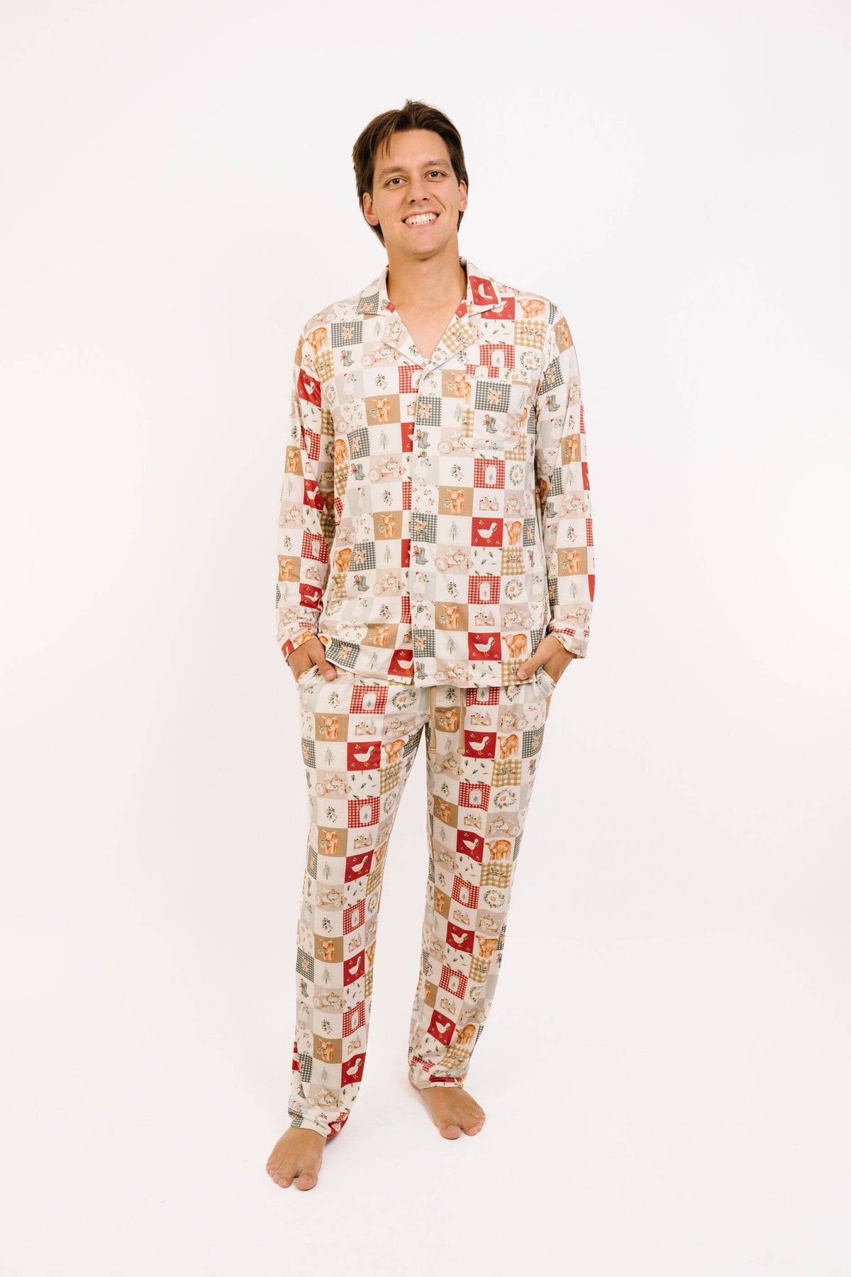 Men's Country Christmas Bamboo Button-Up Pajama Set in country christmas print – front view