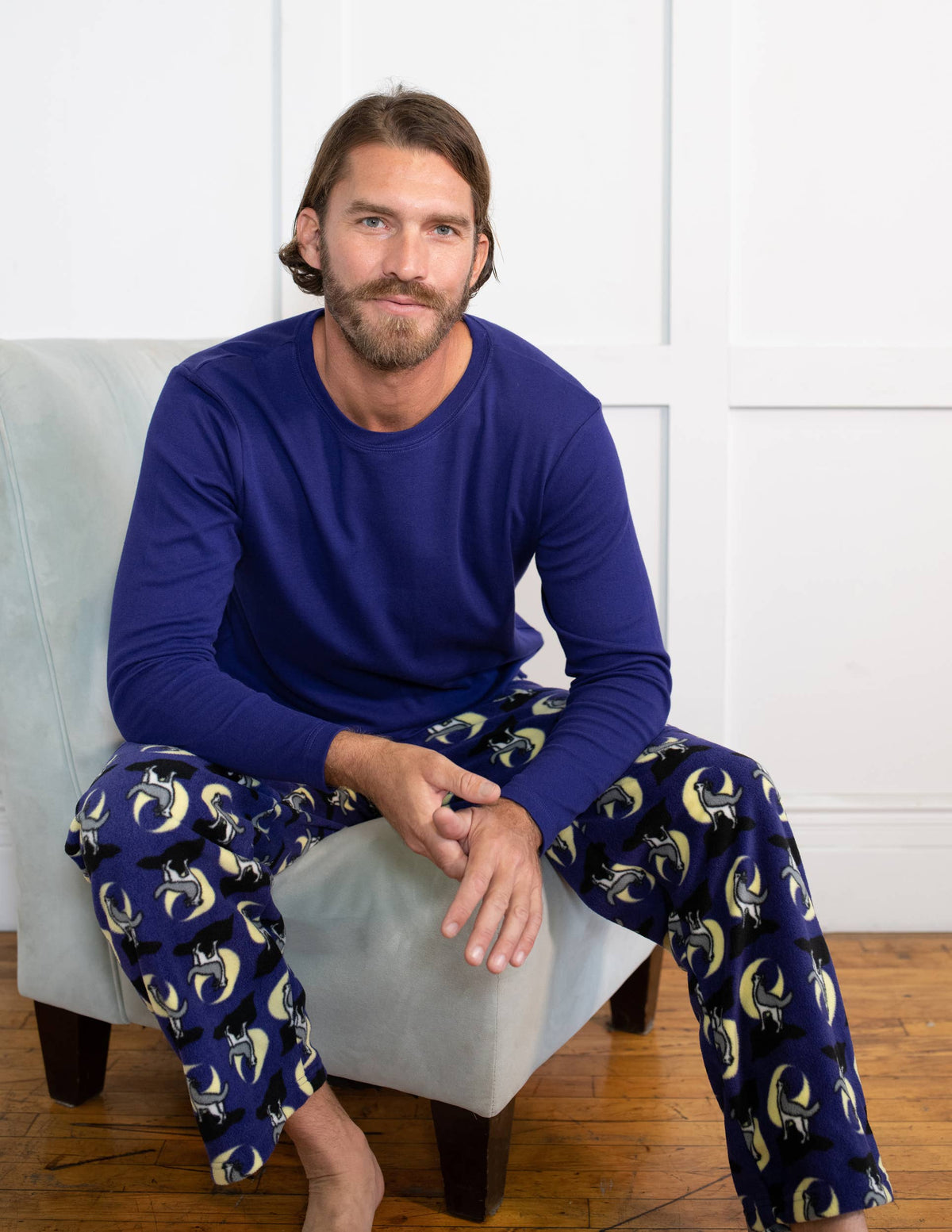 Men's Cow Print Fleece Pajama Set in cow print – styled view