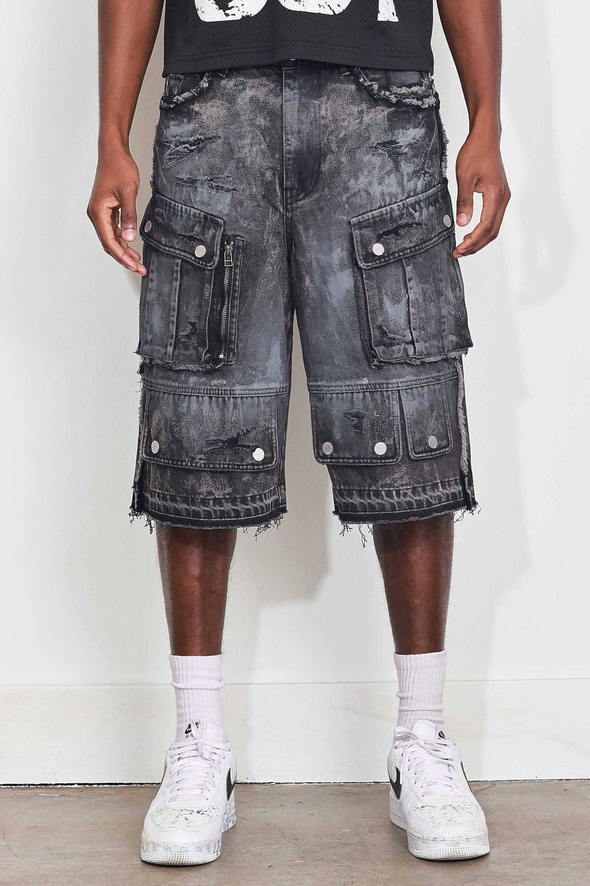 Men's black stone distressed denim cargo jorts