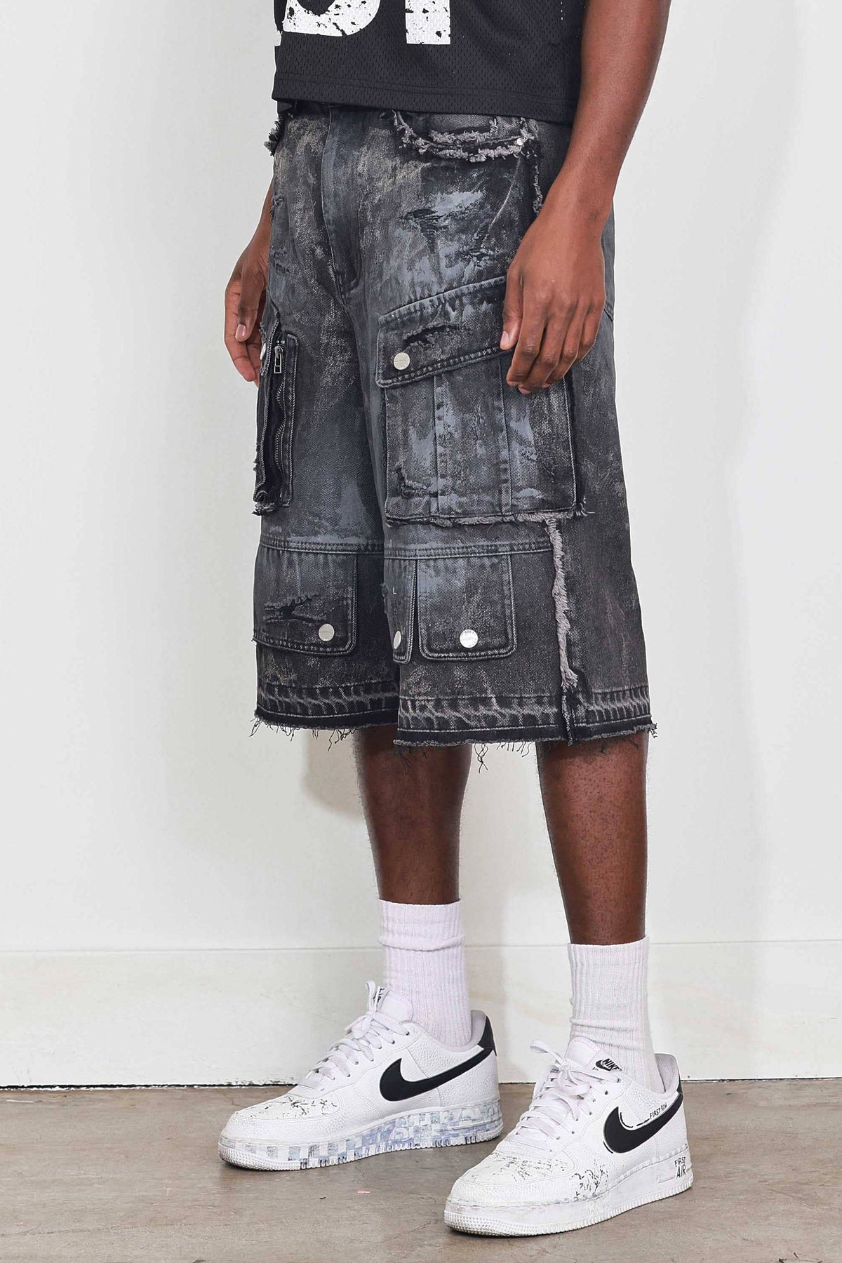 Men's black stone distressed denim cargo jorts