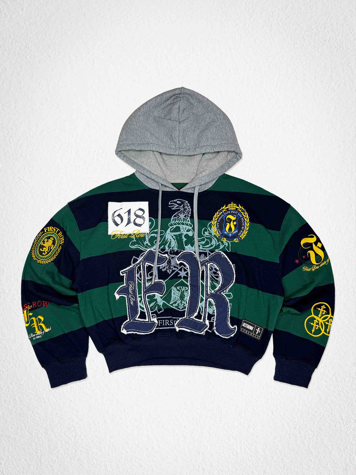 Men's hunter green cropped hoodie with eagle applique, patch and embroidery details