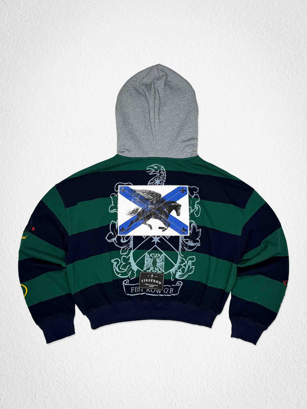 Men's hunter green cropped hoodie with eagle applique, patch and embroidery details
