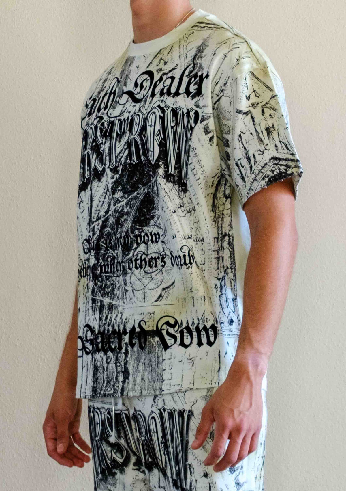 Men's celadon green washed graphic tee with flock print