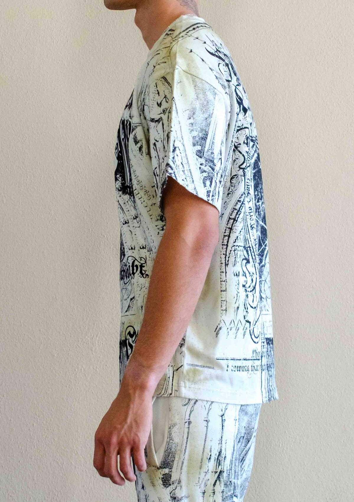 Men's celadon green washed graphic tee with flock print