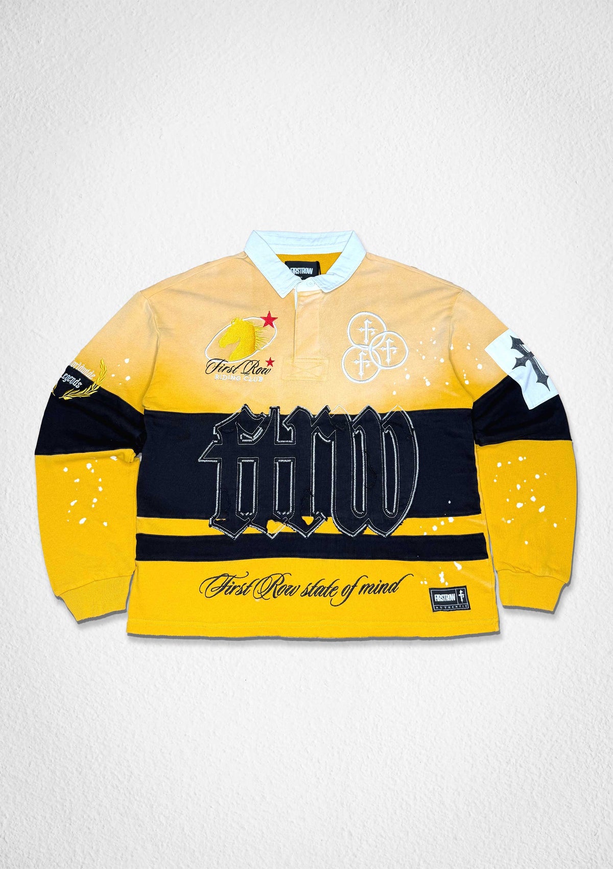 Men's yellow French terry long sleeve polo with crest patches and appliqué