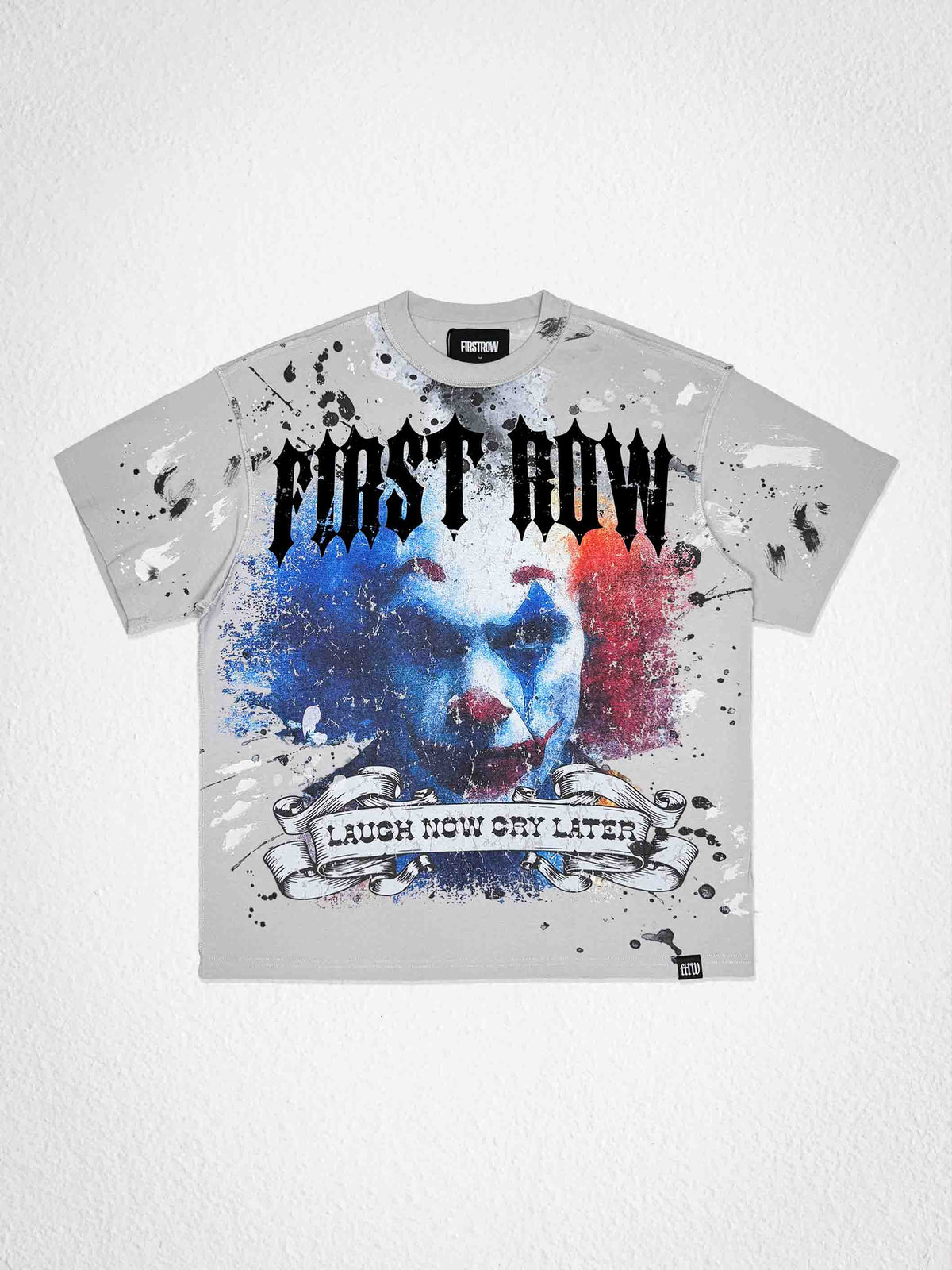 Men's light grey washed tee with hand-painted clown graphic and studs