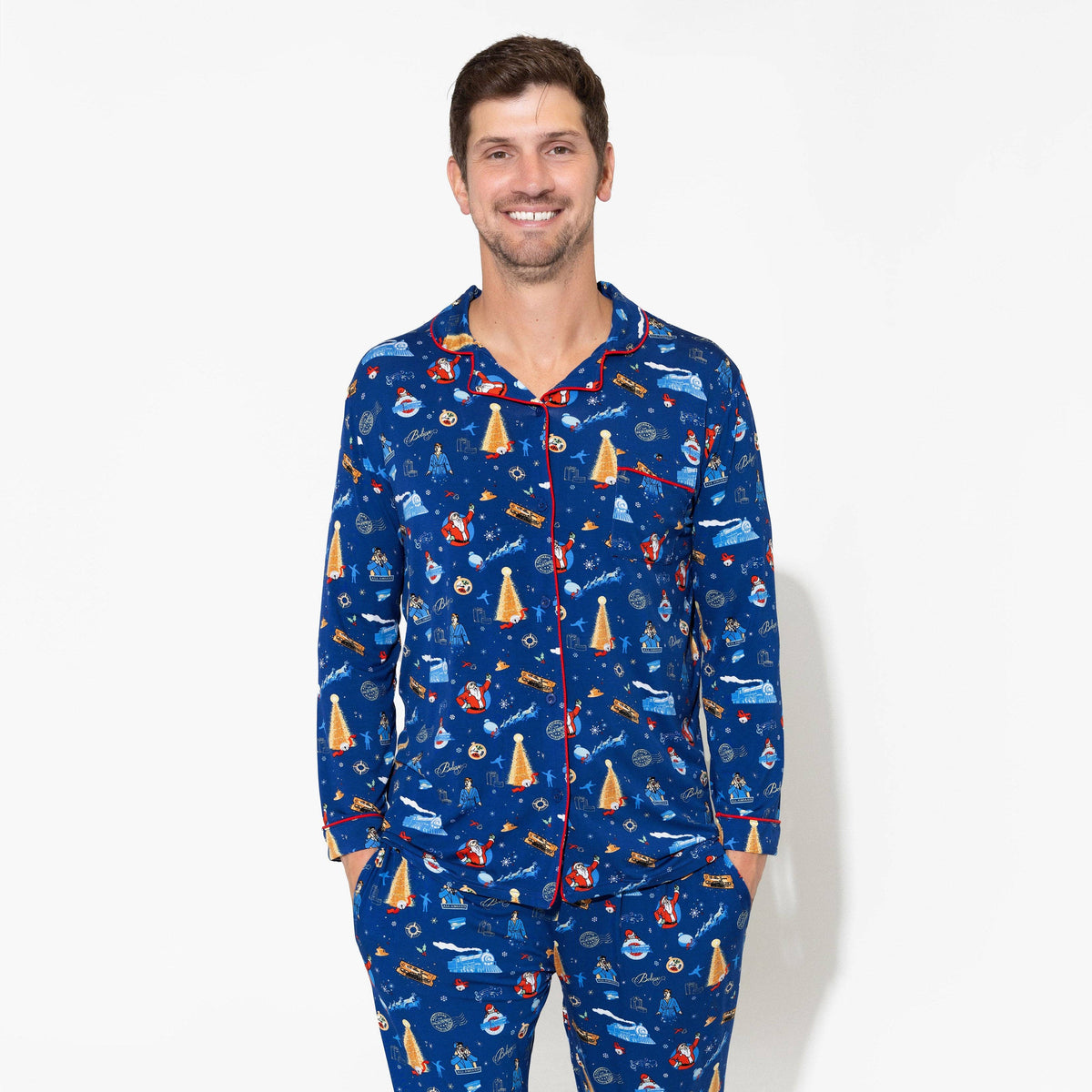 Men's Holiday Train Bamboo Button-Up Pajama Set in holiday train print – front view