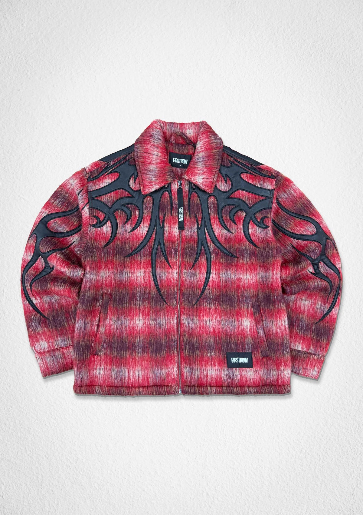 Men's red crimson plaid wool-blend shacket with leather applique and embroidery