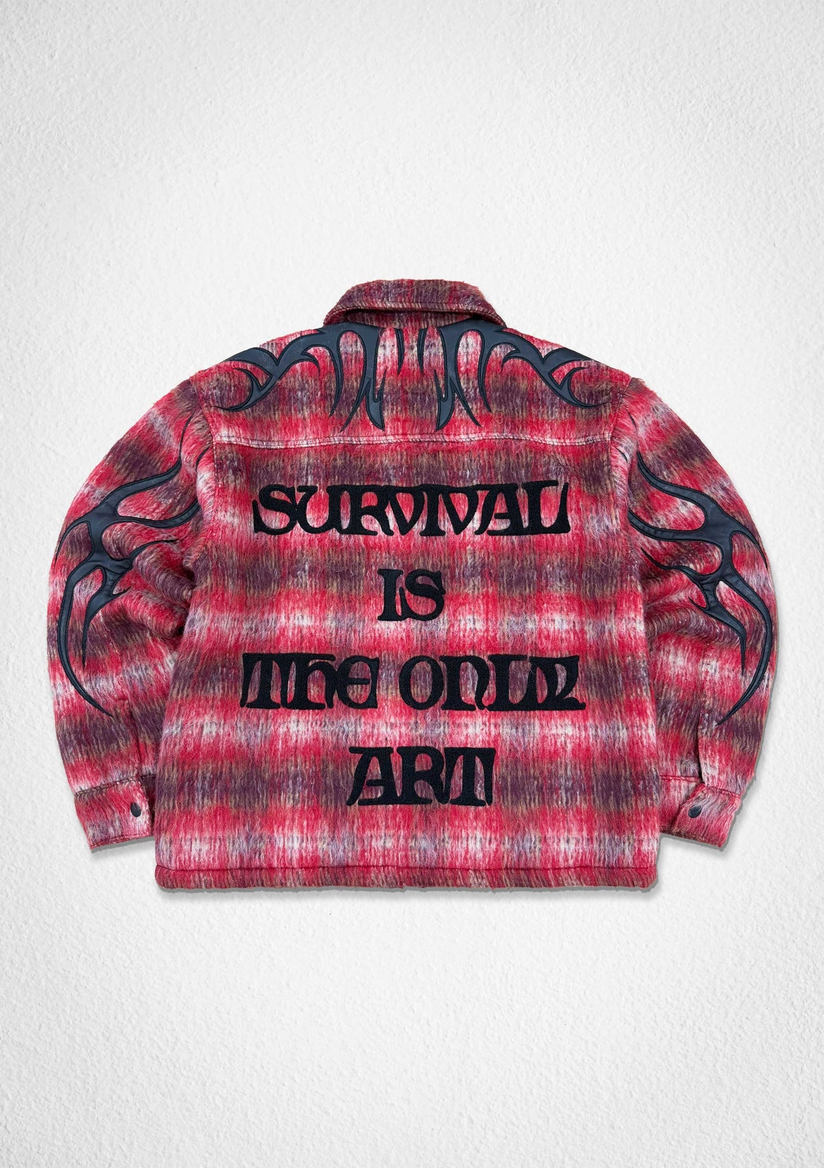 Men's red crimson plaid wool-blend shacket with leather applique and embroidery
