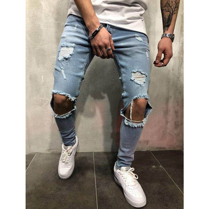 Men's Light Blue Ripped Slim-Fit Casual Jeans - front view