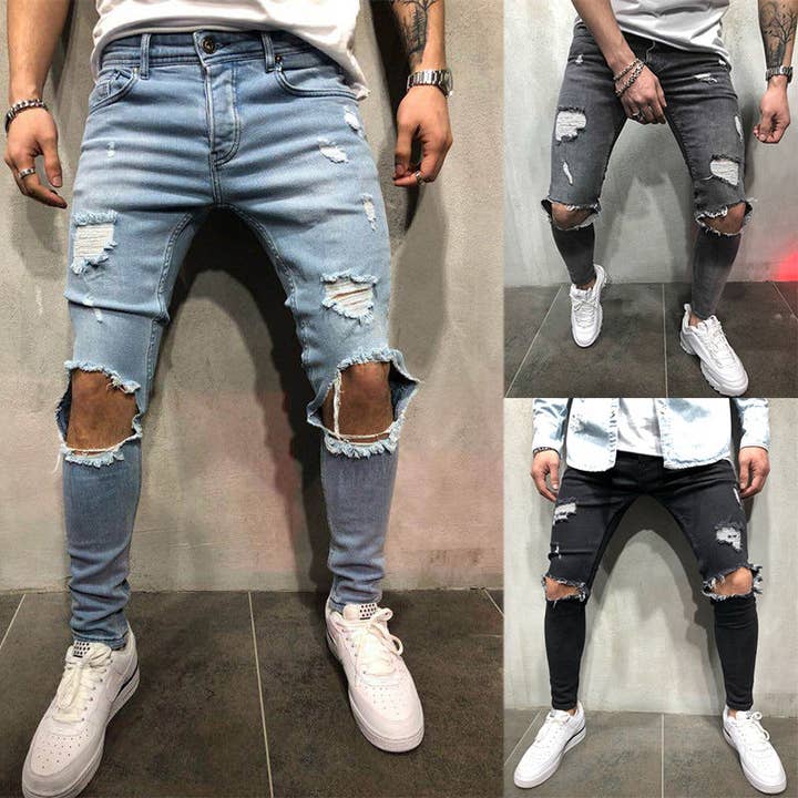 Men's Light Blue Ripped Slim-Fit Casual Jeans - view 3