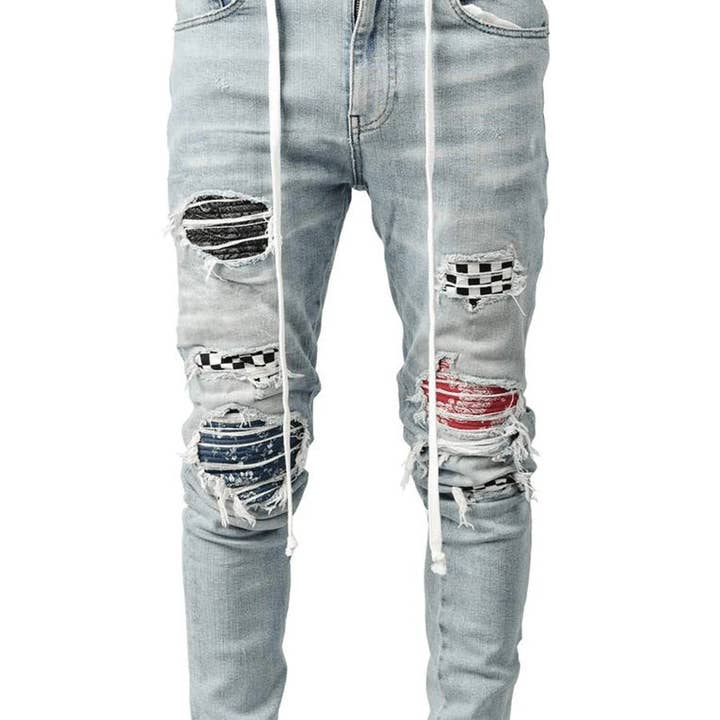 Men's Light Blue Slim-Fit Distressed Denim Jeans - front view