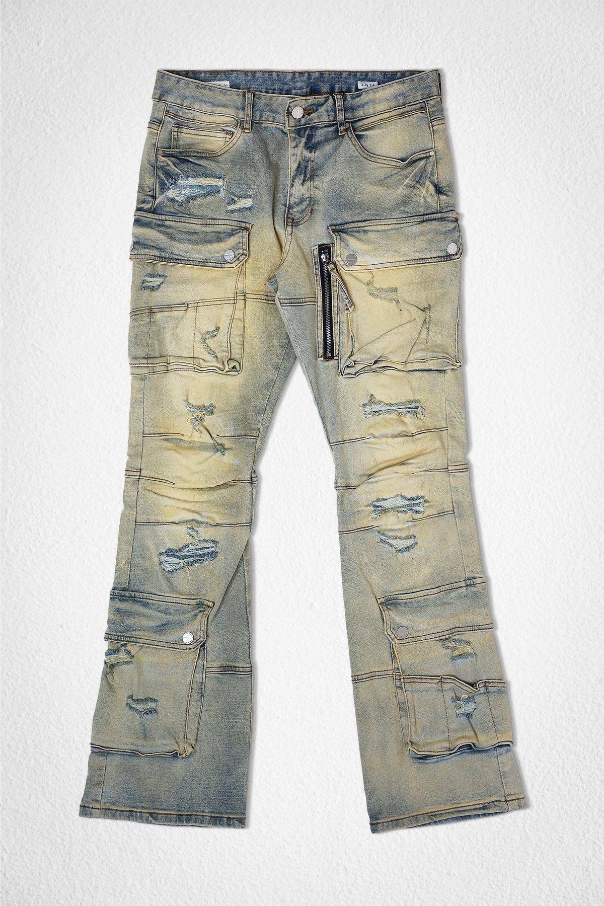 Men's light wash distressed slim cargo jeans with utility pockets