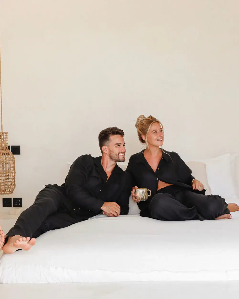 Men's Linen Button-Up Pajama Set in black – styled view