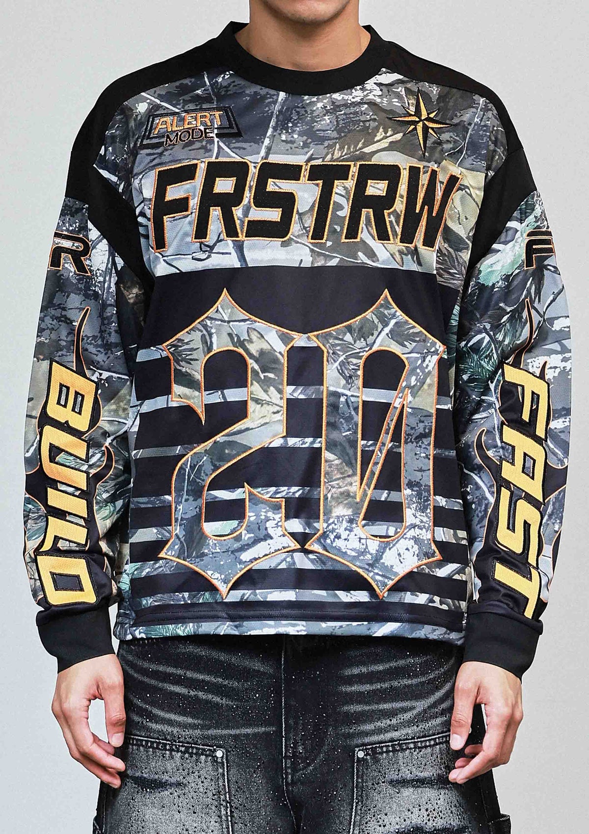 Men's heather camo long sleeve stadium jersey with multi patches