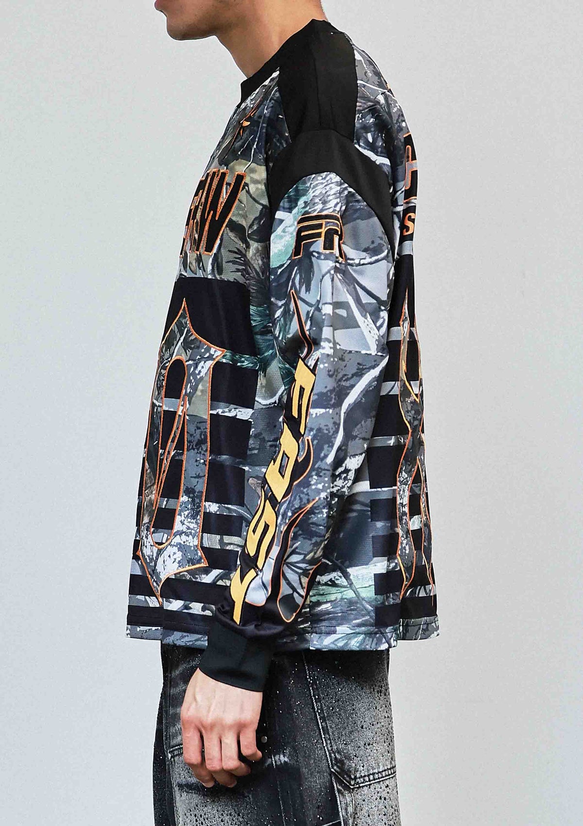 Men's heather camo long sleeve stadium jersey with multi patches