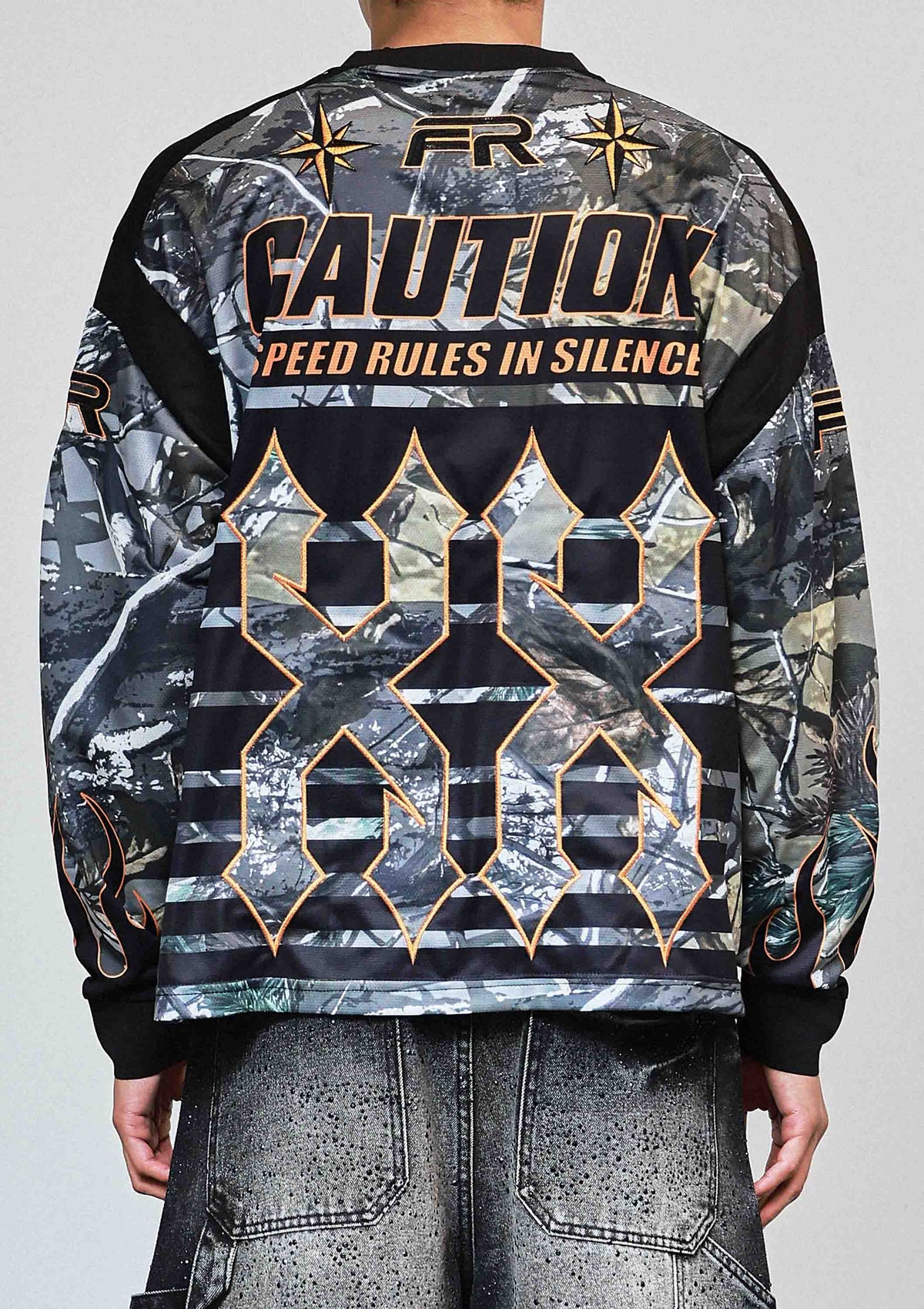 Men's heather camo long sleeve stadium jersey with multi patches