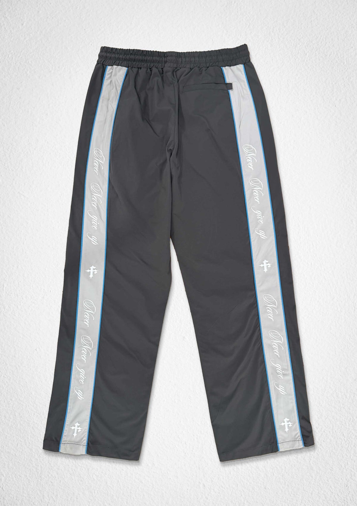 Men's gray paneled track pants with patch detail