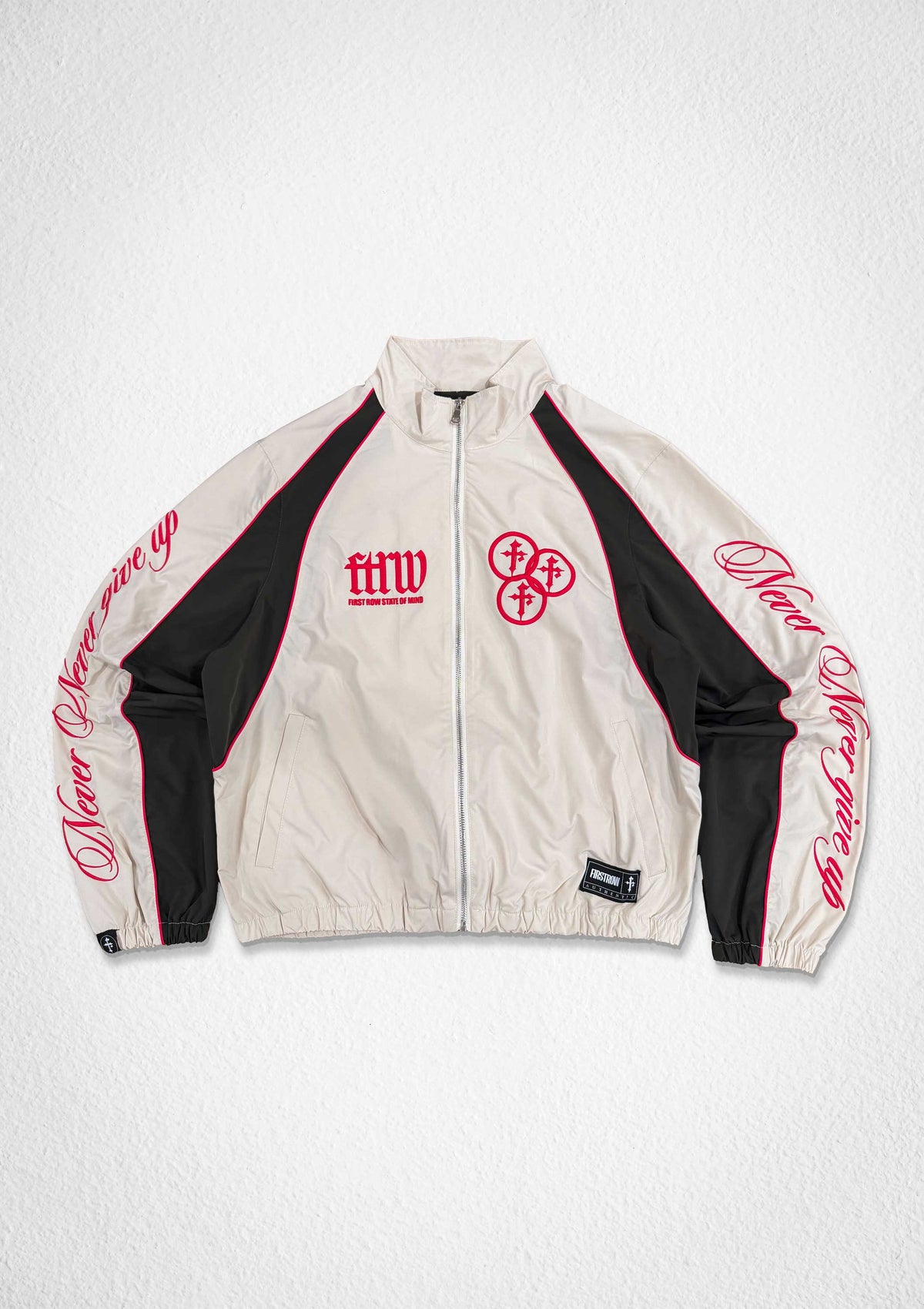 Men's ecru zip track jacket with paneled body and varsity-style patch details