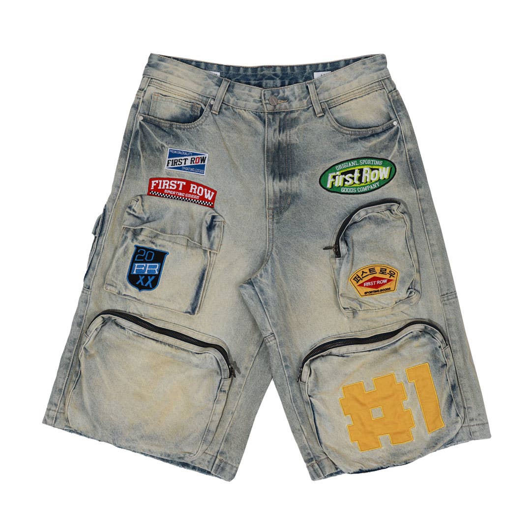 Men's light stone patchwork cargo denim jorts
