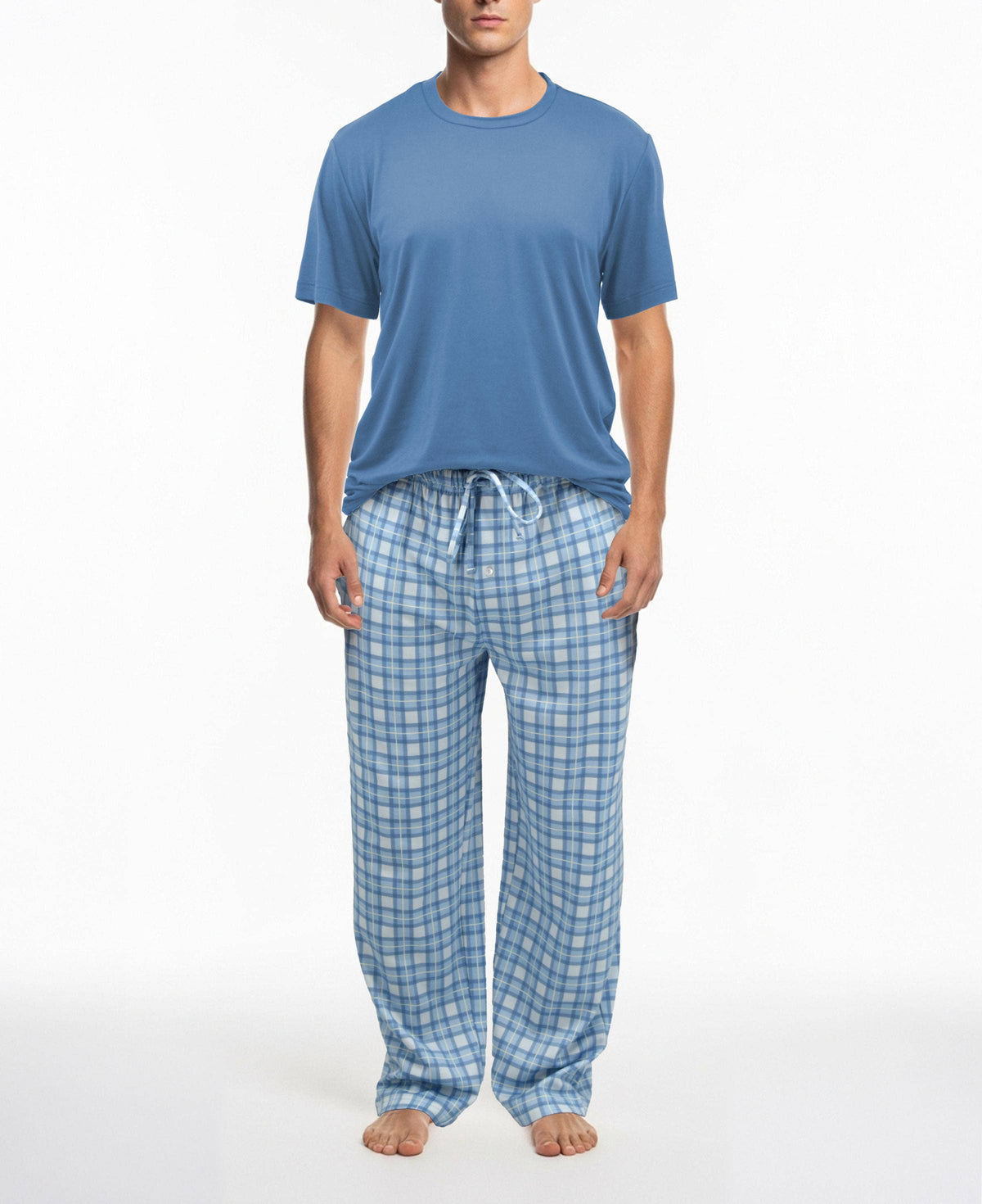 Men's Peach Fleece Short Sleeve Jogger Lounge Set in pink/powder blue – detail view