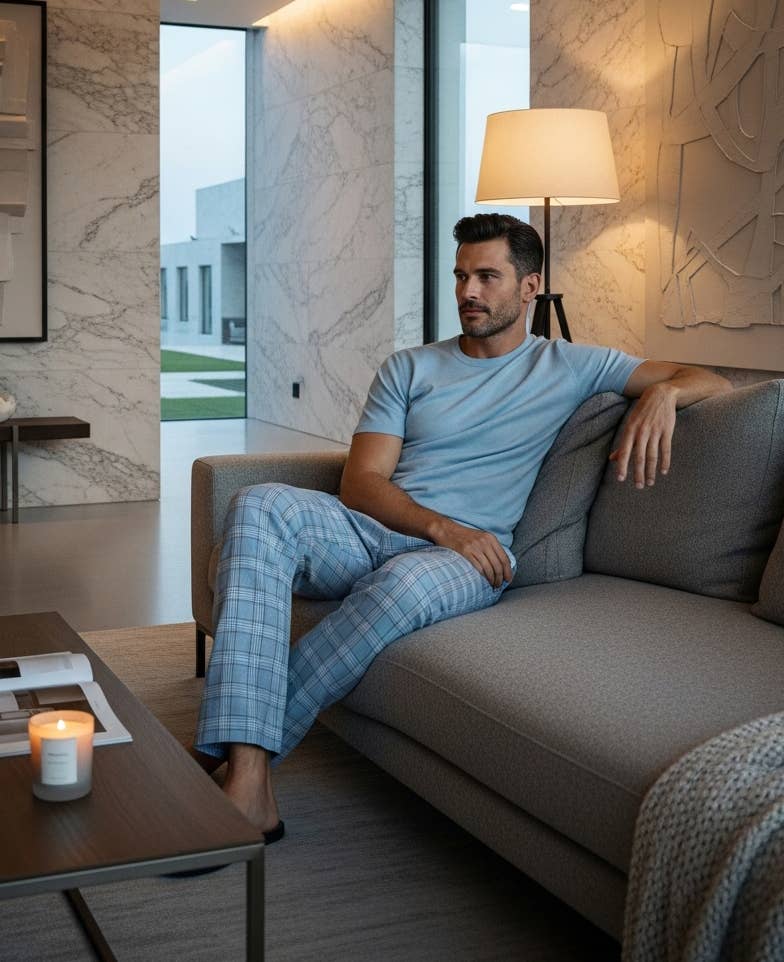 Men's Peach Fleece Short Sleeve Jogger Lounge Set in pink/powder blue – alternate view