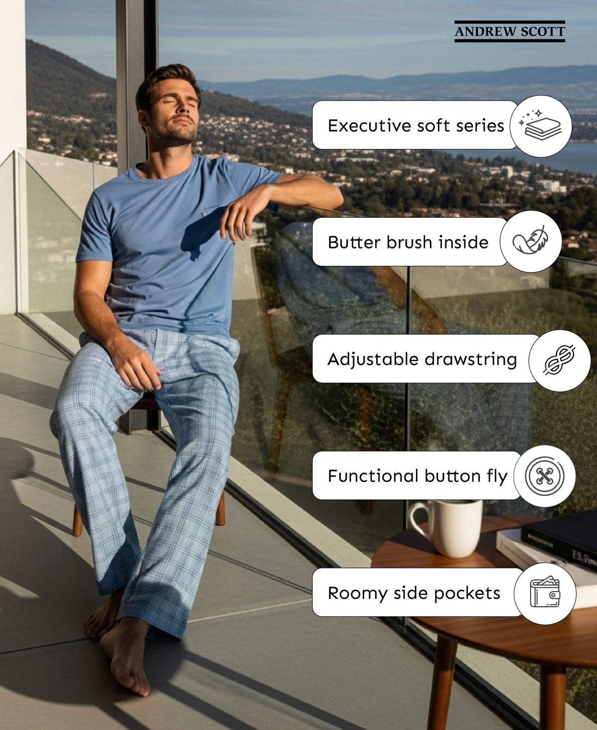 Men's Peach Fleece Short Sleeve Jogger Lounge Set in pink/powder blue – styled view