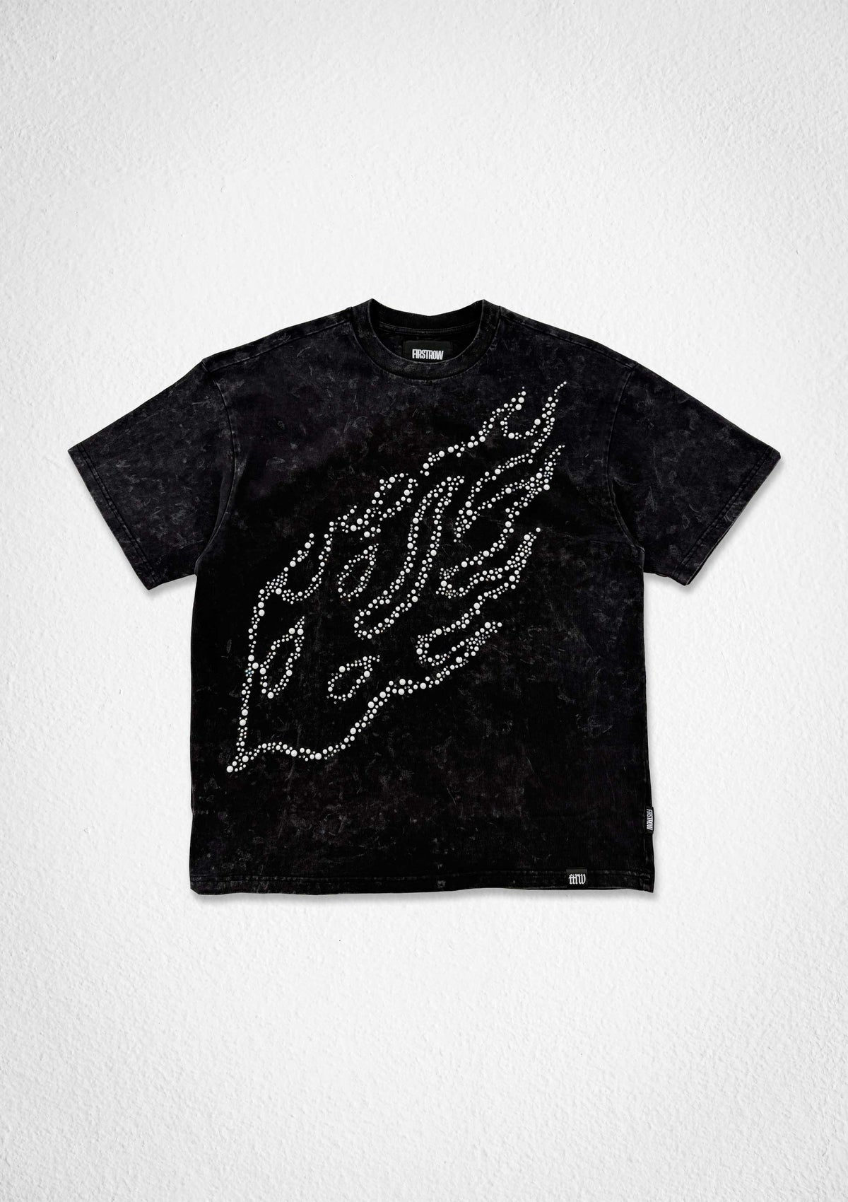 Men's black washed graphic tee with pearl stud and rhinestone embellishment