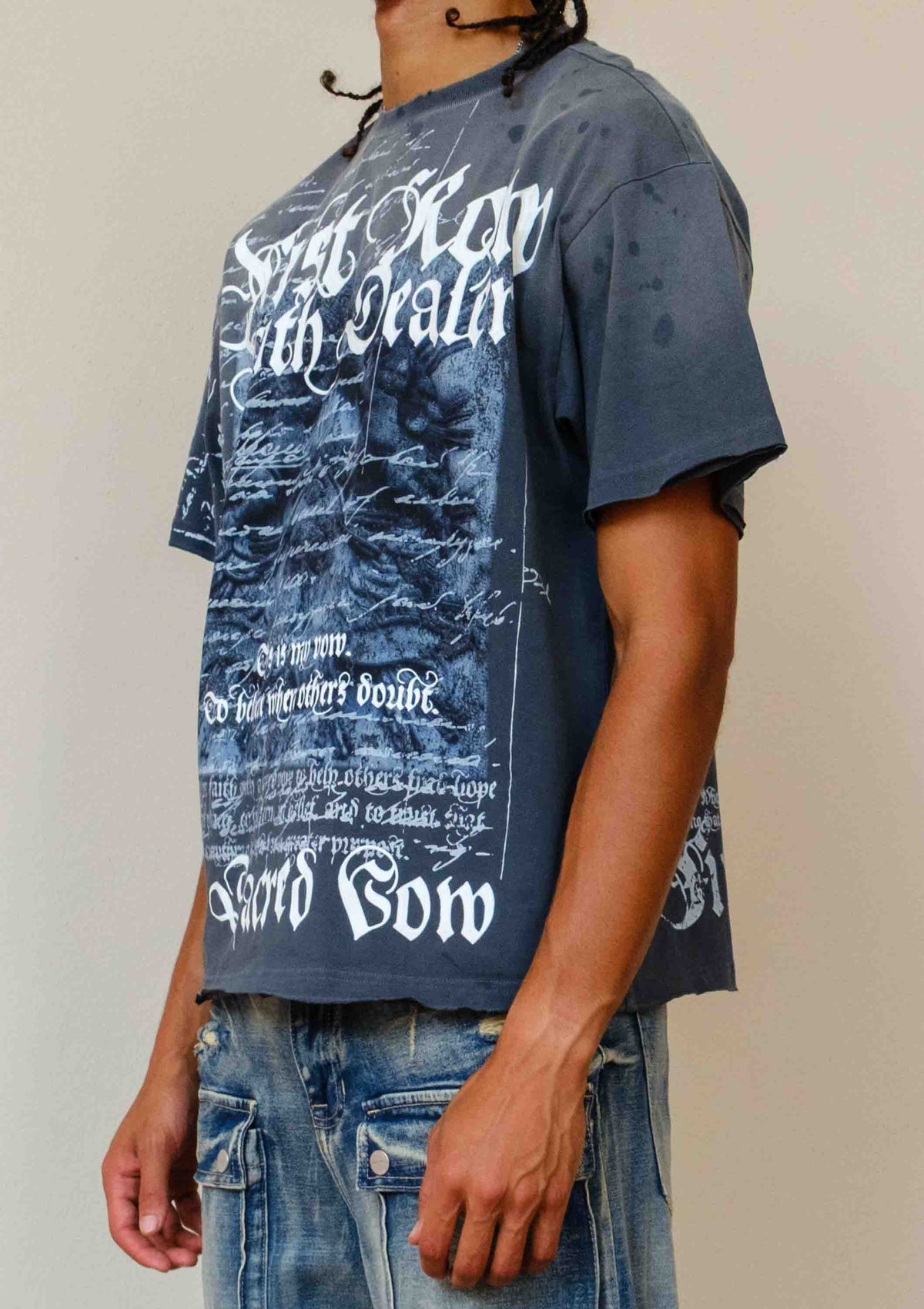 Men's dark grey washed graphic tee with rubber graphic and raw hem