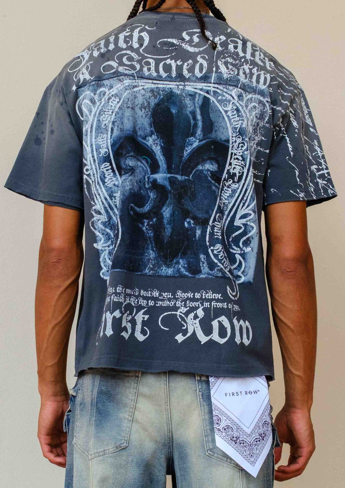 Men's dark grey washed graphic tee with rubber graphic and raw hem