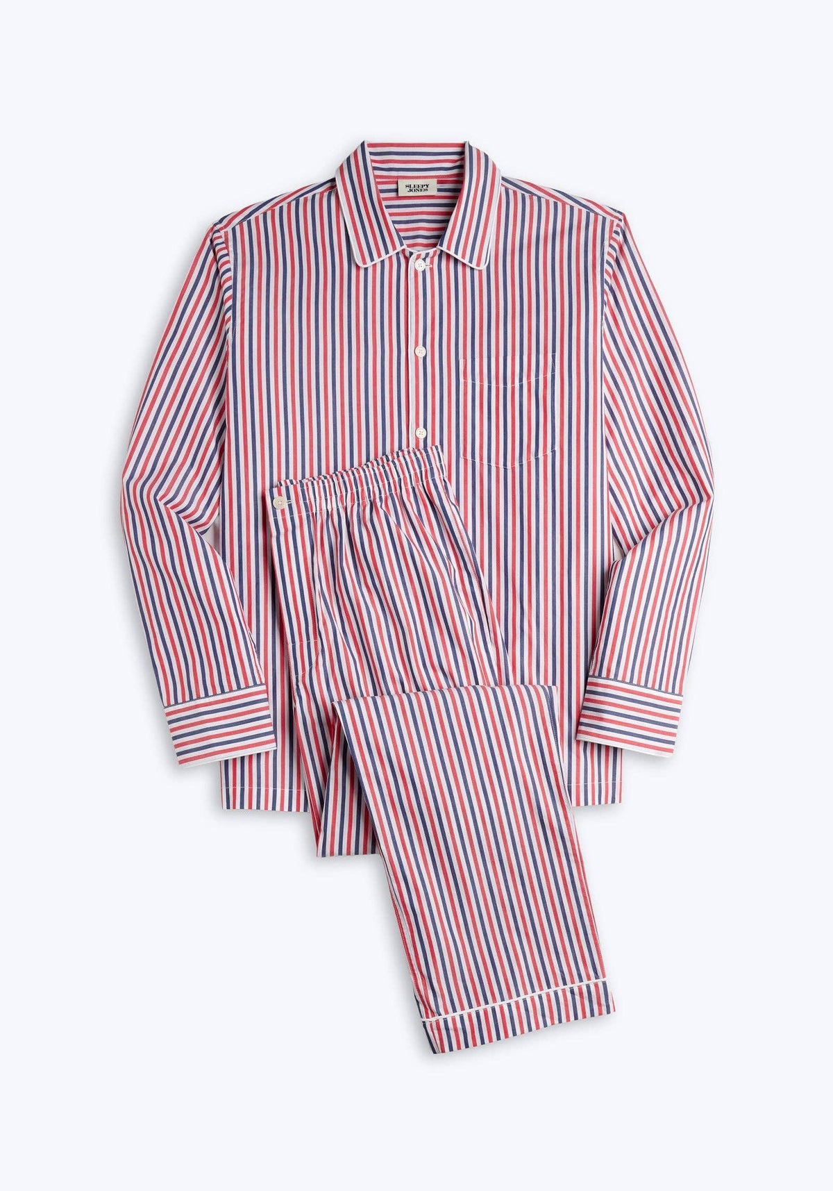 Men's Red & Blue Multistripe Cotton Button-Up Pajama Set in red/blue stripe – front view