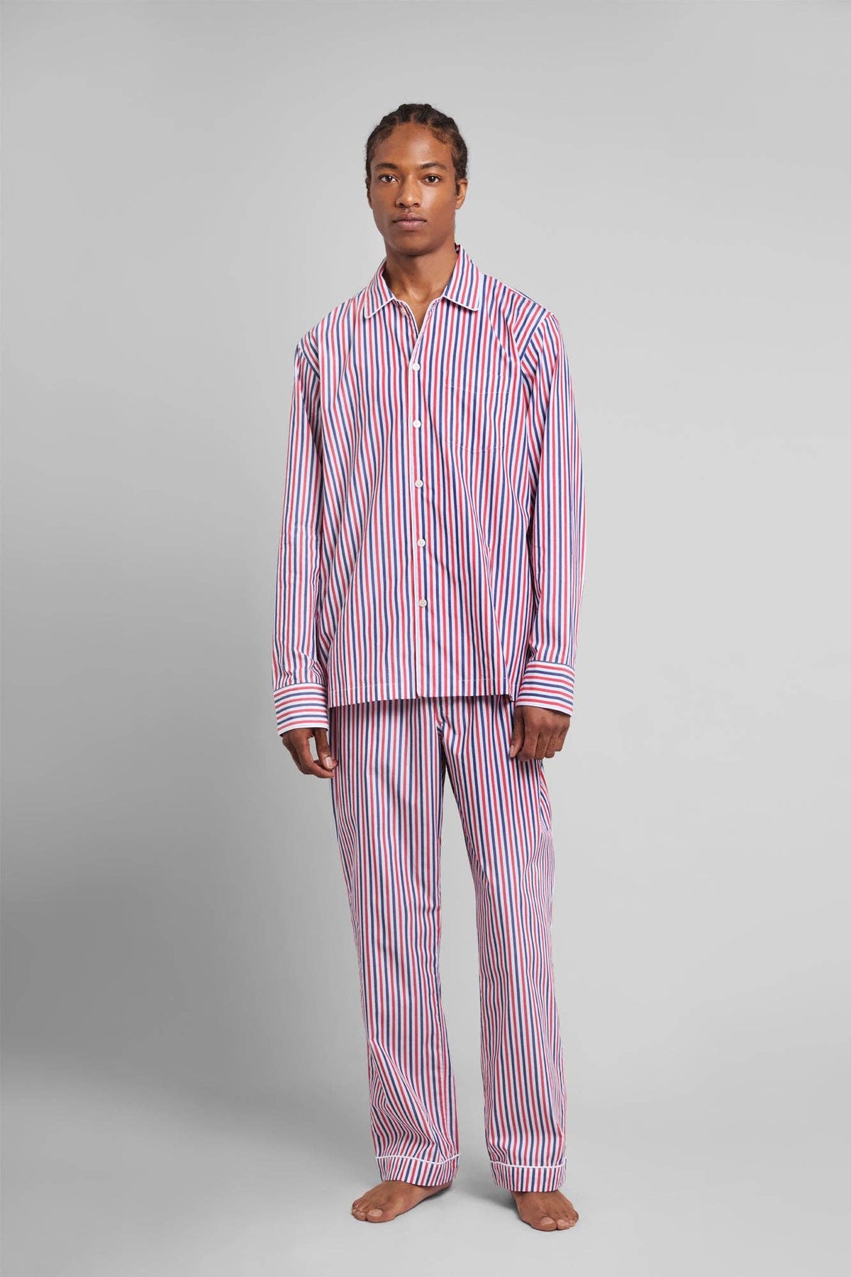 Men's Red & Blue Multistripe Cotton Button-Up Pajama Set in red/blue stripe – detail view